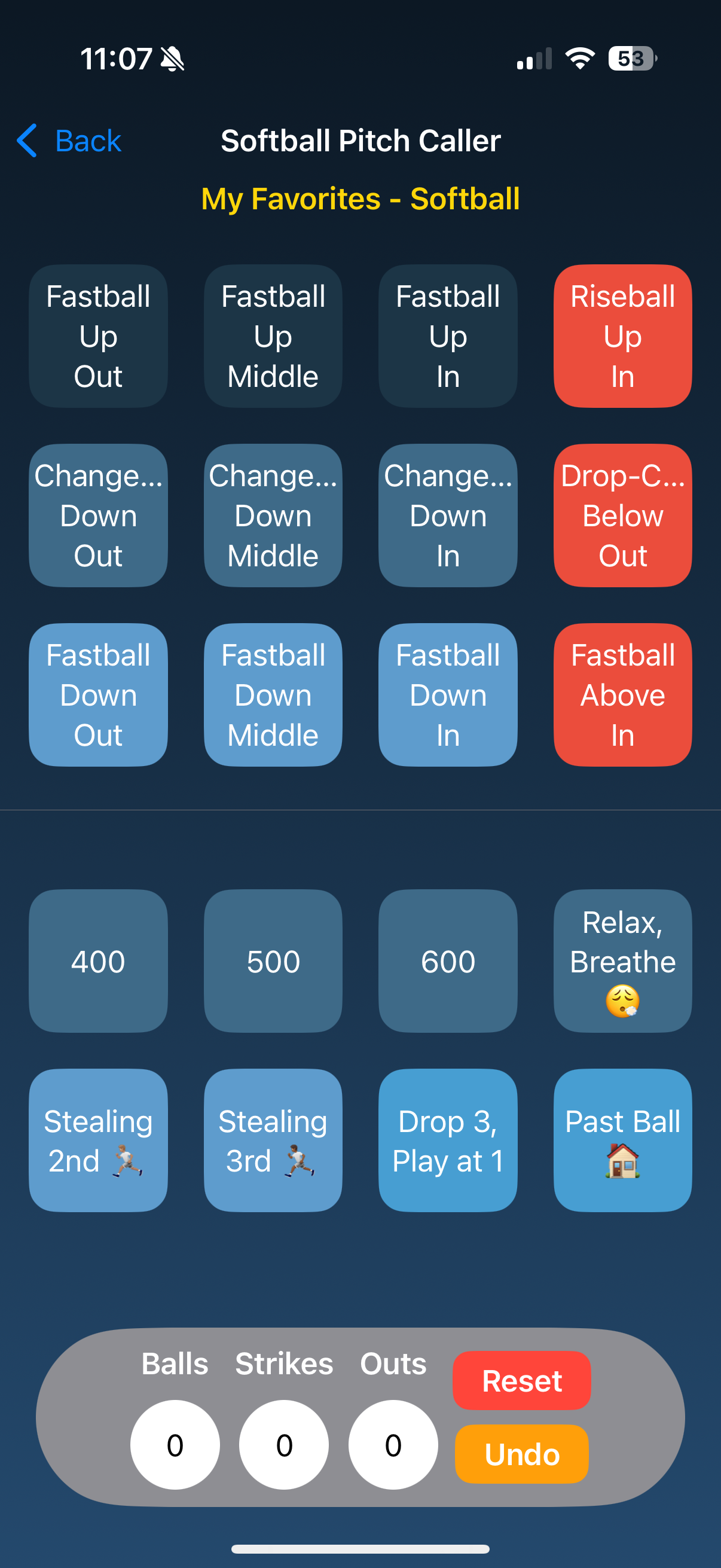 PitchCall Pro custom favorite pitch buttons