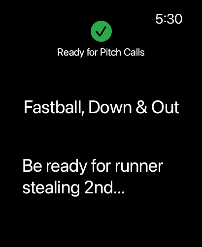 PitchCall Pro Apple Watch showing a received pitch and play call